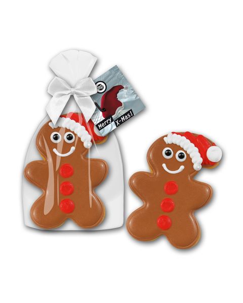 55 g gingerbread man with hat cookie in glossy bag with advertising card