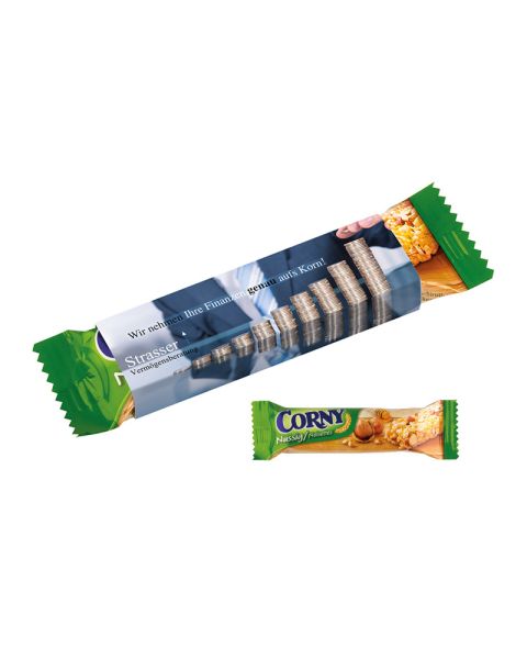 Corny nutty muesli bar in promotional sleeve with logo print