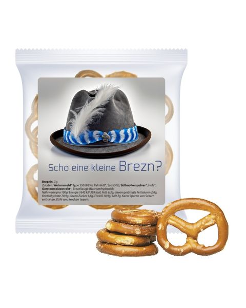Express organic mini pretzels in bags with promotional label and logo print