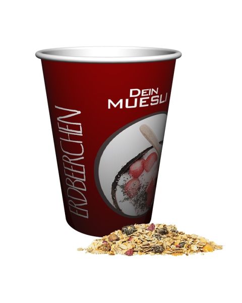 50 g organic strawberry muesli in promotional cup with promotional print