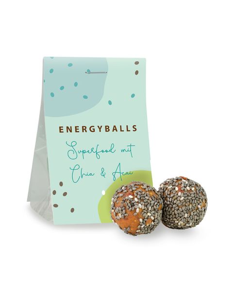 Snack bag of superfood energy balls with advertising label
