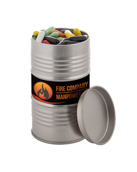 Oil barrel filled with liquorice sticks and advertising label
