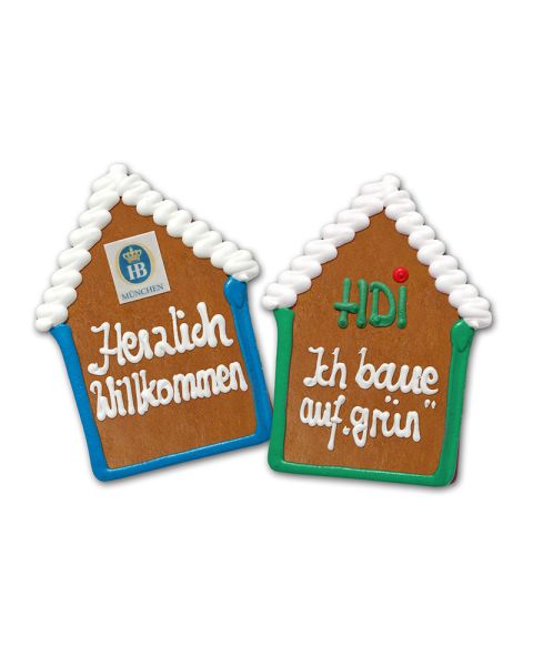 135 g flat gingerbread house with marzipan logo and coloured icing in glossy foil