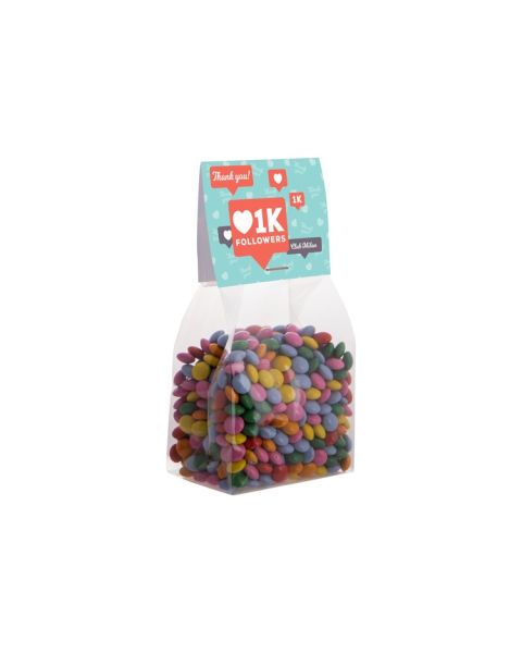 150 g mini chocolate beans in stand-up pouches with advertising header