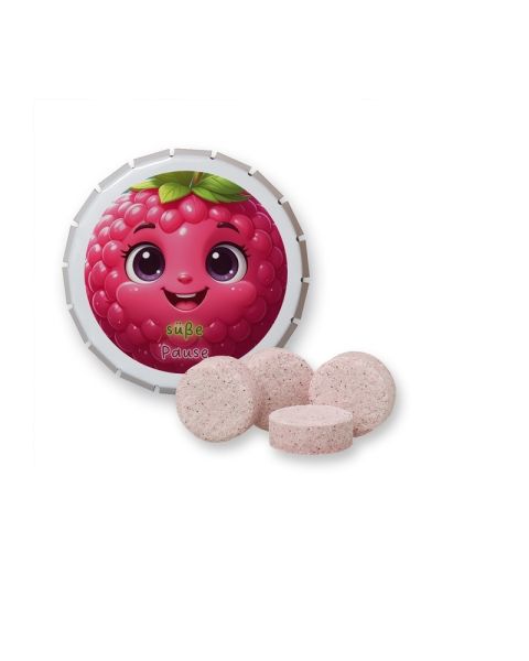20 g Bio Himbeer Drops in Klick-Klack-Dose mit Werbedruck