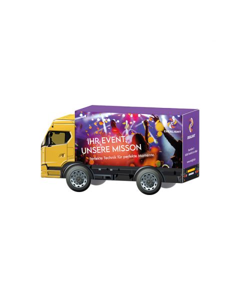 3D gift truck with staged contents and advertising print