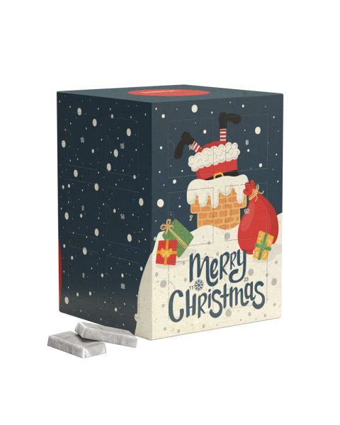 Tower-Adventskalender Graspapier Alpenmilch-Schokotäfelchen mit Werbedruck