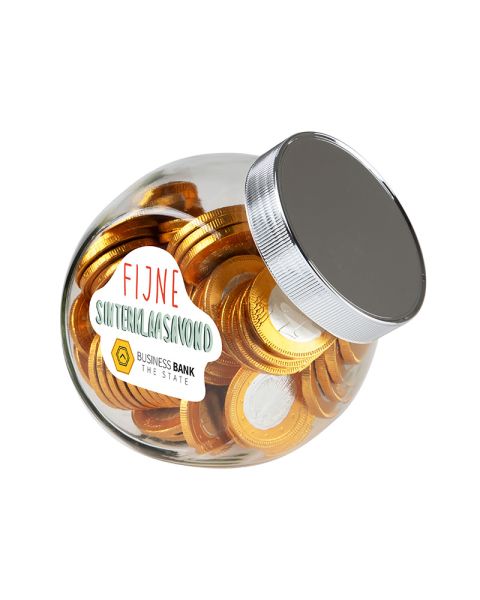 0.9 litre Slanted Jar with silver lid filled with chocolate coins and promotional label