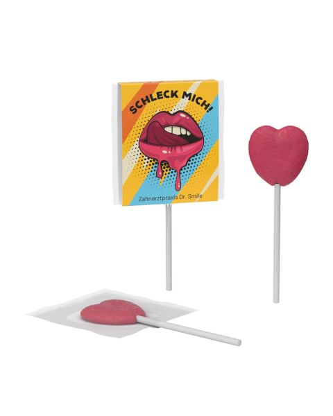 Lolly in Herzform in einer Kartonhülle mit Werbedruck