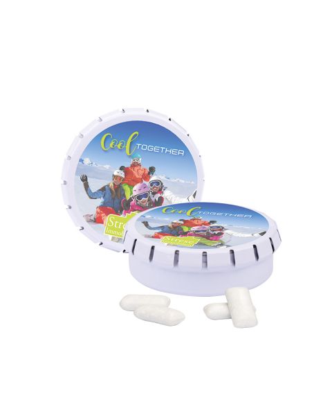Spring lid tin with KoRo chewing gum and logo print