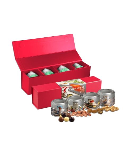 225 g Knusper Weihnachts-Geschenkset Premium rot mit 4 Metalldosen und Werbedruck