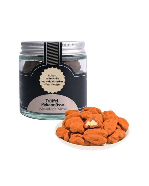 Trüffel-Pekannüsse im Schraubglas mit Werbedruck