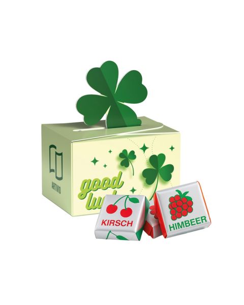 Fruchtkaramelle in Geschenkbox Kleeblatt und Werbedruck