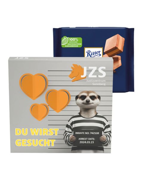 Ritter SPORT Nugat Schokolade in einer Präsentbox mit einer 3D-Herz-Ausstanzung und Werbedruck
