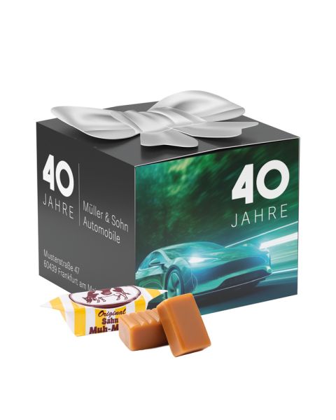 Original cream Muh-Muhs toffees in a present box with a bow and promotional print