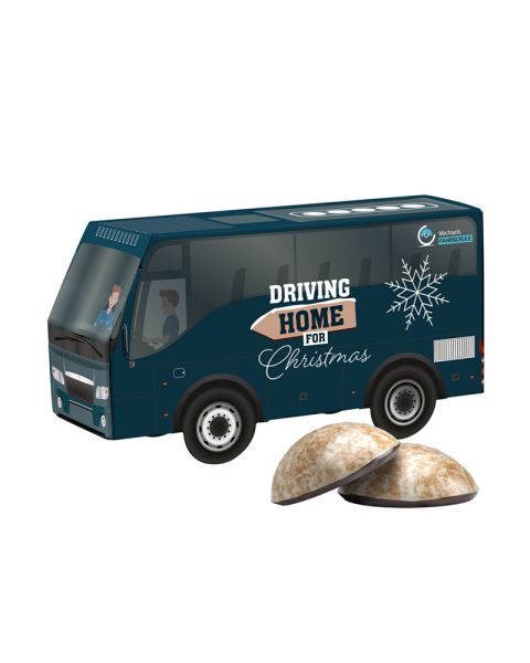 3D gift bus with 4 gingerbread cookies and advertising print