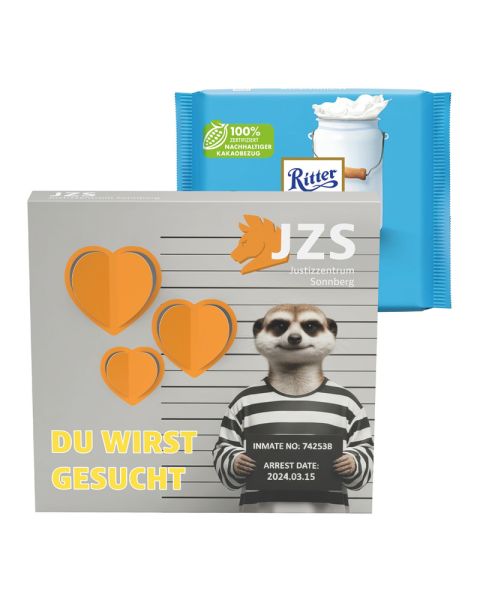 Ritter SPORT Alpenmilch Schokolade in einer Präsentbox mit einer 3D-Herz-Ausstanzung und Werbedruck