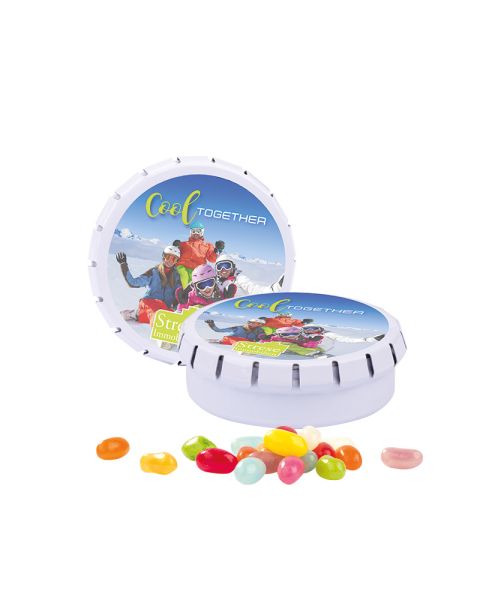 Spring lid tin with jelly beans and logo print