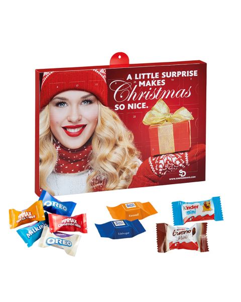 Advent calendar with Ritter SPORT, Milka Zarte Momente, Kinder Mix and advertising print