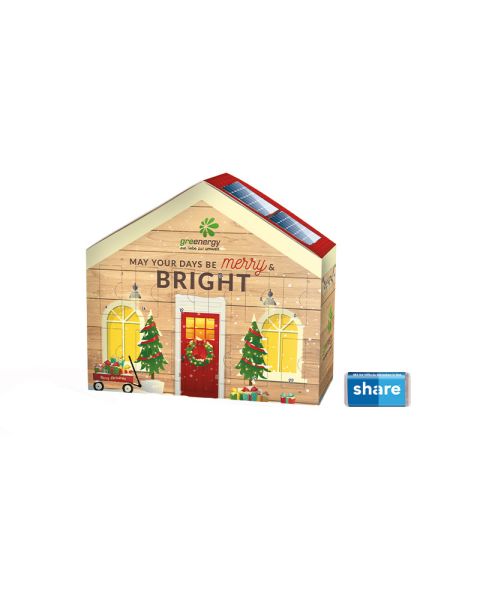 Advent calendar house with Share chocolate bars and promotional print