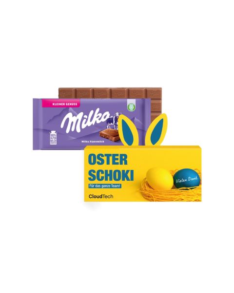 Milka Schokoladentafel in einer individuell bedruckbaren Werbekartonage mit Hasenohren