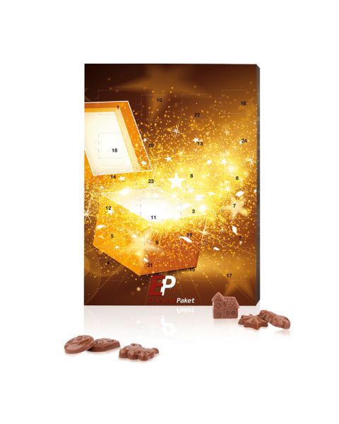 70 g Advent calendar in portrait format with Friedel chocolate bars and promotional print