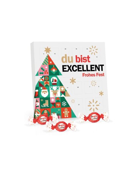 Square table Advent calendar with Duplo crispy balls and advertising print