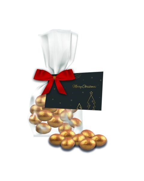 30 g goldene Salted-Caramel-Mandeln im Flachbeutel mit Schleife und Werbekarte