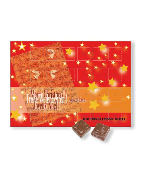 Standard chocolate desk calendar with standard motif and promotional print
