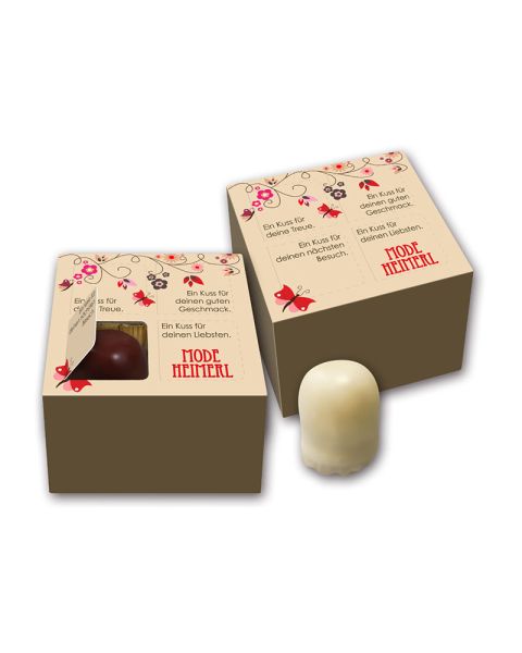 4 Mini-Schokoküsse in Werbekartonage mit 4 Türchen und Rundum-Werbedruck