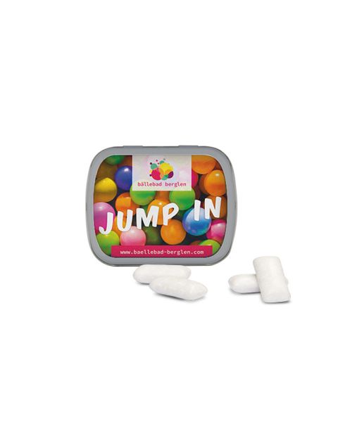 Silver-blank hinged tin with KoRo menthol chewing gum and promotional print