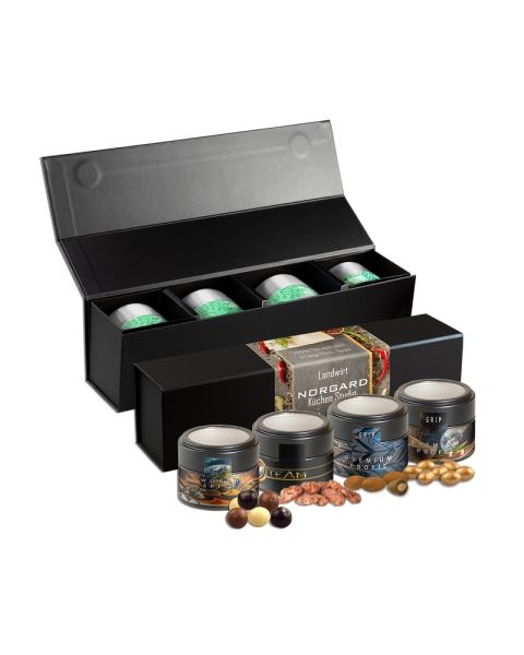 225 g Knusper Weihnachts-Geschenkset Premium schwarz mit 4 Metalldosen und Werbedruck