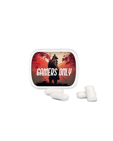White hinged tin with KoRo menthol chewing gum and promotional print