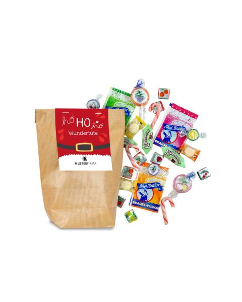 150 g bunter Mix aus Süßigkeiten-Mix 1 in brauner Papiertüte mit Werbeetikett