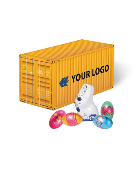 3D Präsent Container Ostern mit Klett Schokoladenmischung und Werbedruck