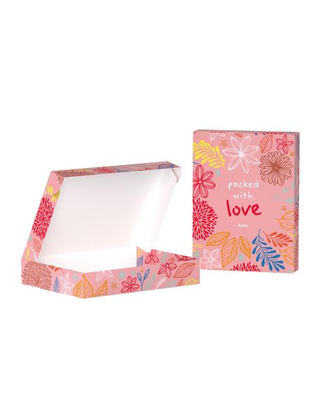 Filling provided in a hinged box with promotional print