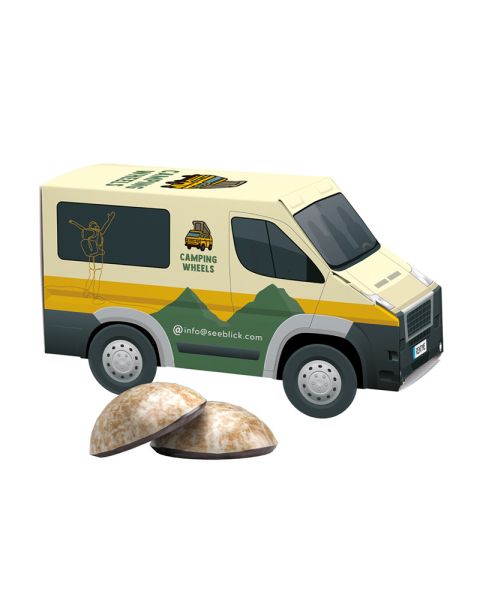 3D gift transporter with 4 gingerbread cookies and advertising print