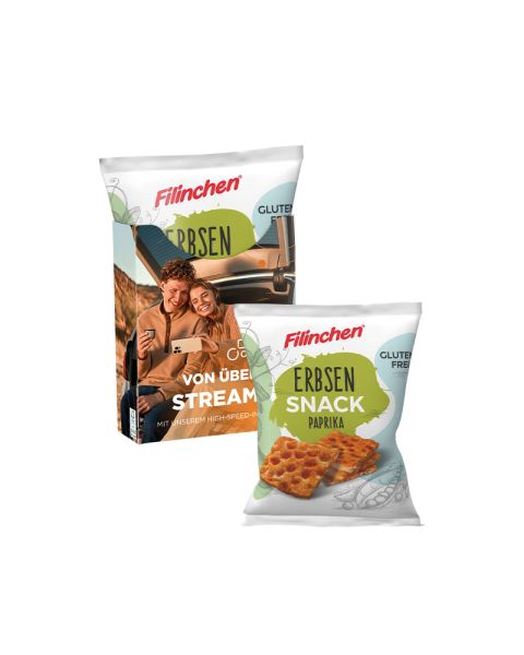 Approx. 30 g Filinchen pea snack with paprika in promotional cardboard box with promotional print