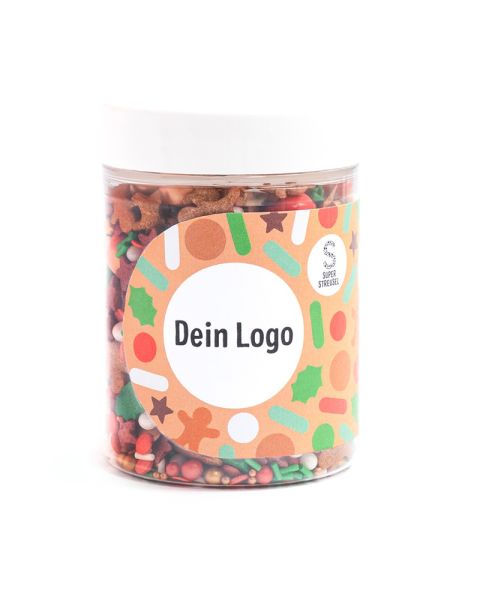 Super Streusel Christmas mix in a transparent tin with an advertising label