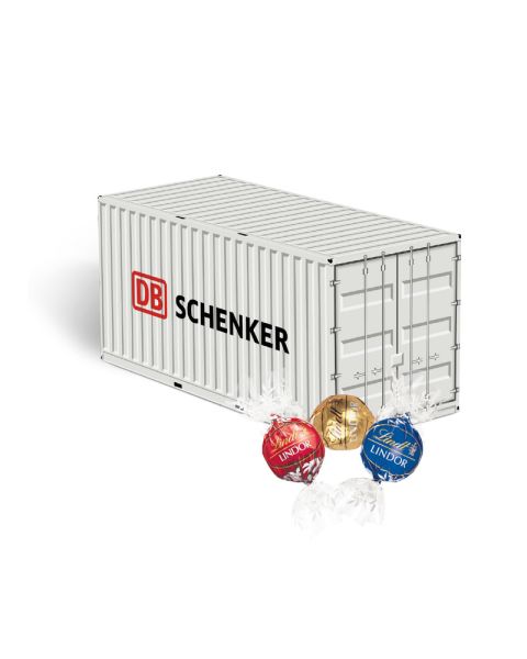3D Präsent Container mit Lindt Lindor Pralinés und Werbedruck