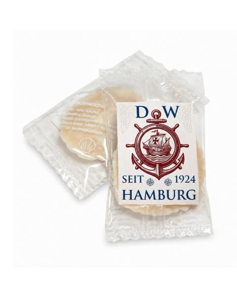 Schleckmuschel im transparenten Flowpack mit Werbeetikett