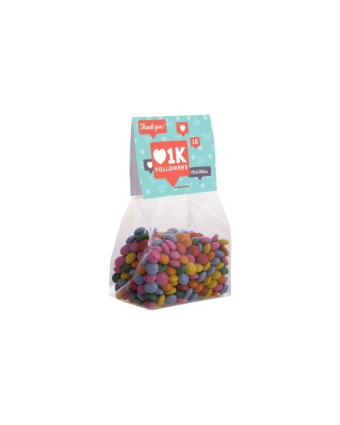 100 g mini chocolate beans in stand-up pouches with advertising header