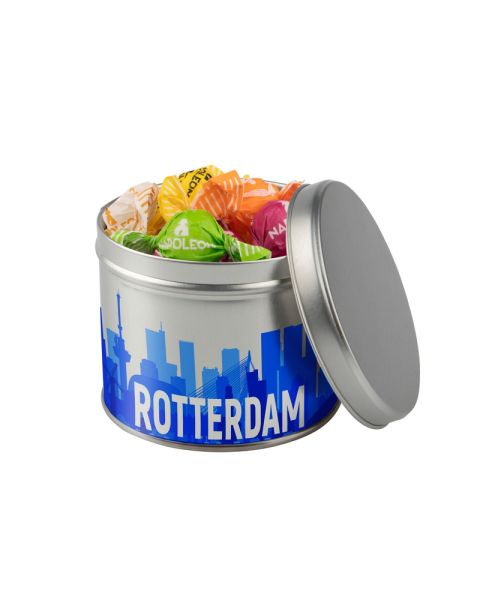 0.6 l silver metal tin filled with Napoleon fruit mix and with advertising print