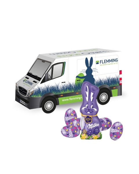3D Präsent Transporter Ostern mit Milka Schokoladenmischung und Werbedruck