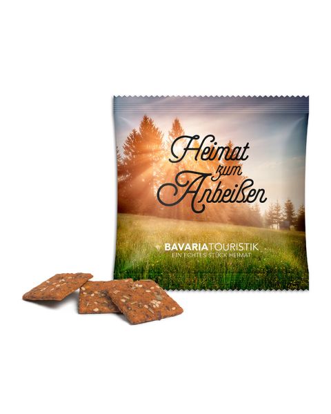 Wholemeal snack tomato and herb in promotional bag with custom printing