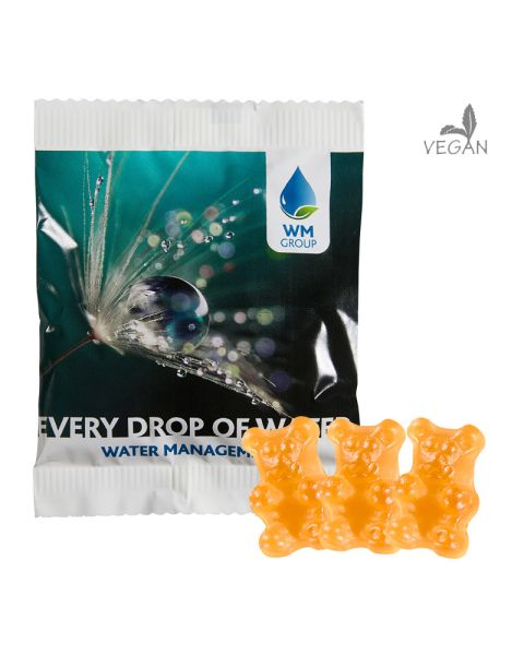 20 g vegane orangene Gummibärchen (Orange) im kompostierbaren Werbetütchen mit Werbedruck