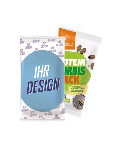 30 g LANDGARTEN Bio Protein Kürbis Snack würzig im Papiertütchen mit Werbedruck