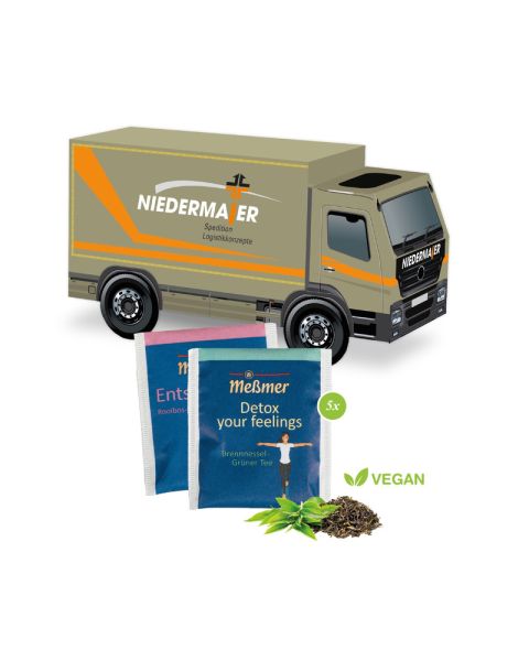 3D Präsent LKW mit Teebeutel von Meßmer und Werbedruck