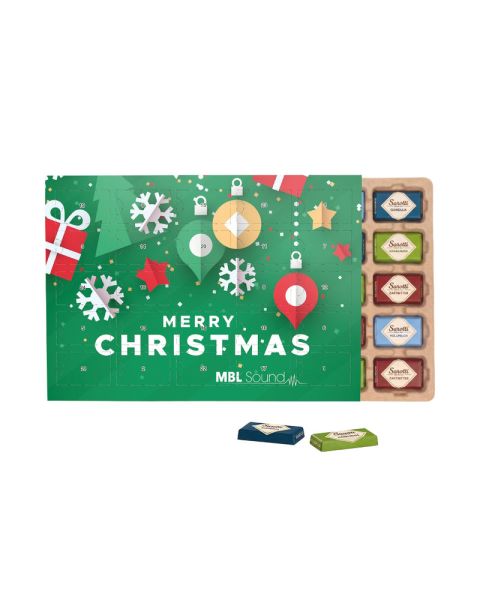 Premium Tisch Adventskalender mit Sarotti Schokotäfelchen Inlay aus Papier und Rundum-Werbedruck