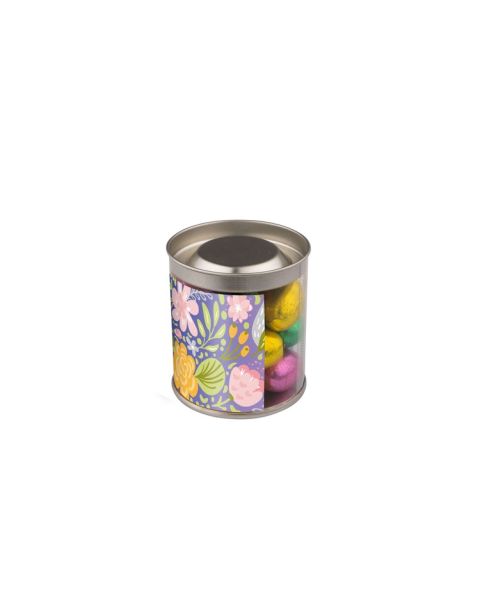 Chocolate Easter eggs in a transparent tin with lid and promotional label